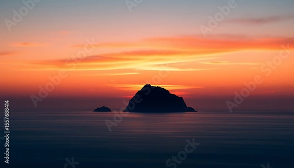 Fototapeta Island Silhouettes Amidst a Fiery Sunset Ocean Horizon Painting a Vivid Scene of Tranquility and the End of the Day