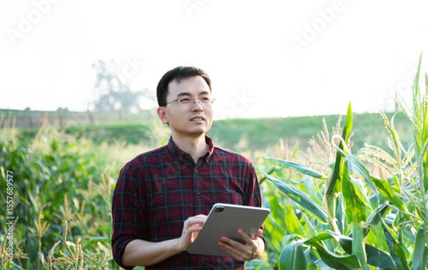 Obraz Young man farmer using digital tablet in corn field