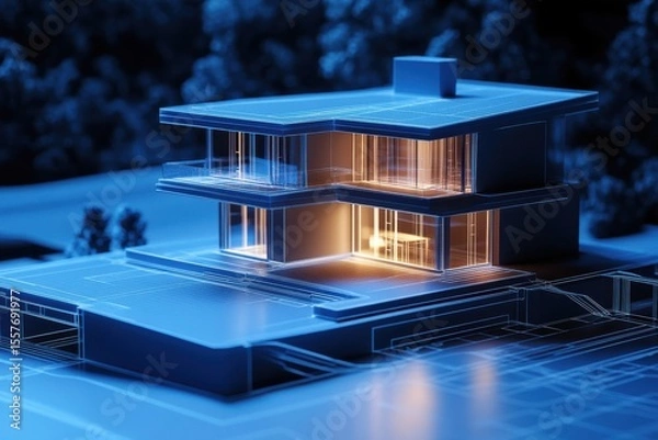 Fototapeta A futuristic architectural model of a modern house with illuminated interiors and blue wireframe details