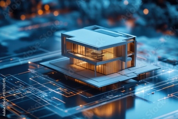 Fototapeta Modern architecture model on a circuit board with blue and orange lights in a futuristic setting