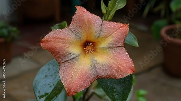 Obraz Dew Drops on Peach Hibiscus Flower Macro Photography