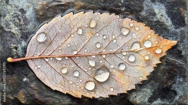 Obraz Autumn Leaf Dew Drops Macro Photography