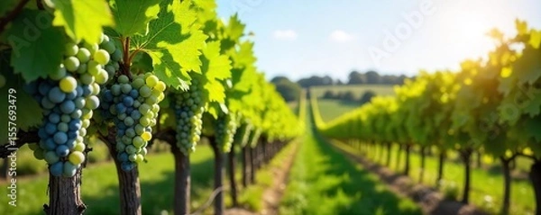 Obraz Sun-Drenched Vineyard Ripe Grapes Ready for Harvest. Lush green vines stretch across a sunny landscape, showcasing the idyllic beauty of viticulture and the abundance of a bountiful harvest.