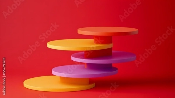 Obraz Abstract Colorful 3D Cylinders Stack Red Background Product Display