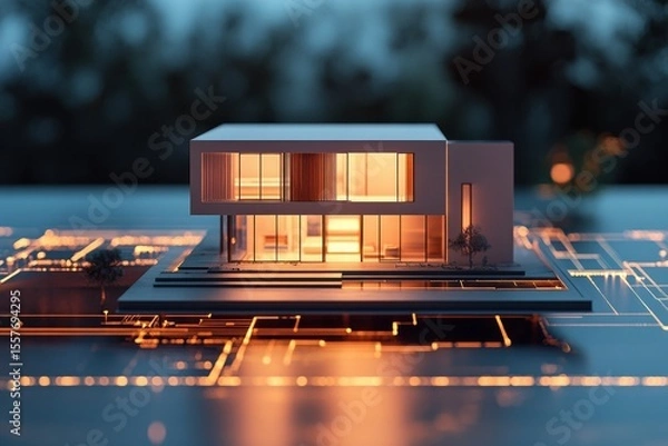 Fototapeta Modern house design with large windows and circuit board pattern illuminated with orange lights