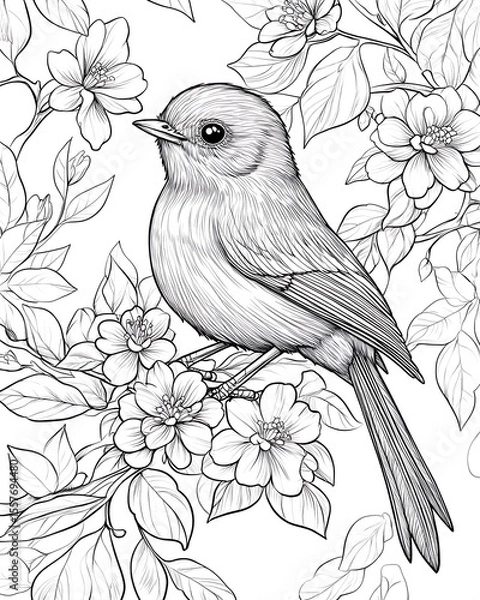 Obraz Delicate Bird and Floral Line Art Illustration for Coloring and Creative Projects