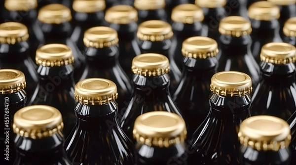 Obraz Close-up of Many Black Glass Bottles with Gold Caps