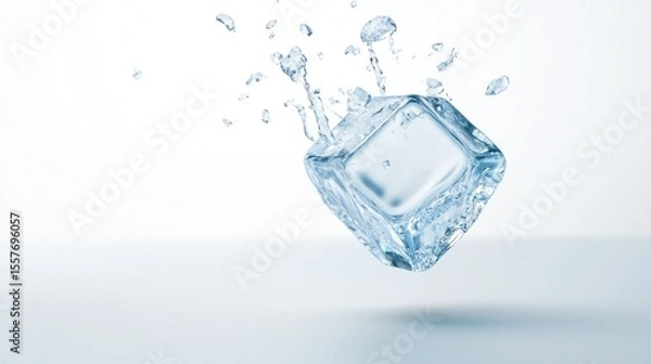 Fototapeta Falling ice cube, isolated on white background, full depth of field