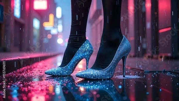 Fototapeta Iridescent Crystal Heels in Cyberpunk Rain Alley Dash