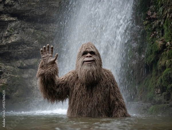 Fototapeta humorous picture of a waving Sasquatch taking a shower in waterfall