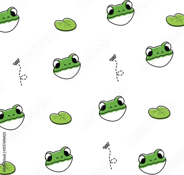 Fototapeta Whimsical Frog Pattern: A playful array of charming frog faces and lily pads dance across a seamless pattern, inviting smiles and a sense of joy.