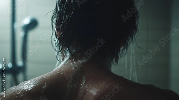 Fototapeta Close-up of a human figure’s back and neck with wet hair under dim bathroom light, steam fogging the background mirror, symbolizing emotional exhaustion, vulnerability, and inner isolation