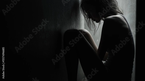 Fototapeta Close-up side view of a person sitting curled in a shadowed corner, face partly hidden in dim light, symbolizing emotional overwhelm, anxiety, and mental withdrawal into internal psychological space.