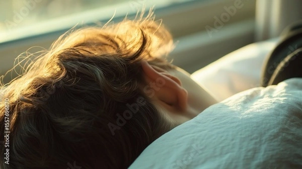 Fototapeta Close-up of a person lying face down on a white pillow, back of their head visible, soft early morning light falling across their shoulder, symbolizing emotional heaviness and morning depression