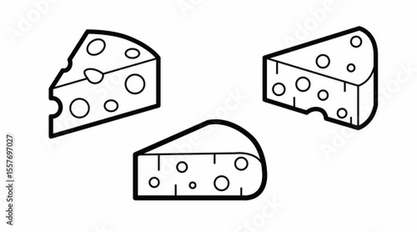 Fototapeta Cheese Pieces Icon Set. Black and white editable linear set of vector illustrations of pieces of cheese