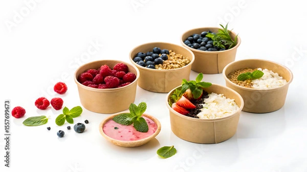 Fototapeta Healthy breakfast bowls with fresh berries granola and yogurt on a white background, breakfast, food, berry, fruit, healthy, yogurt
