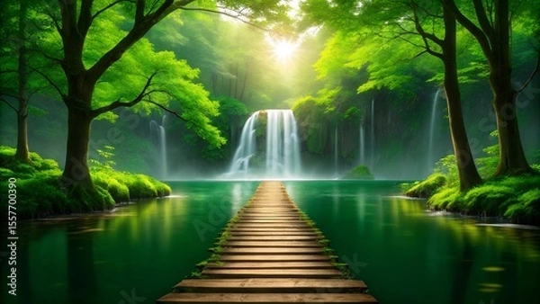 Fototapeta Tranquil Nature Landscape AI Art,AI-generated digital illustration of a peaceful, vibrant green forest with a wooden path leading to a majestic water