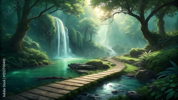 Fototapeta Tranquil Nature Landscape AI Art,AI-generated digital illustration of a peaceful, vibrant green forest with a wooden path leading to a majestic water