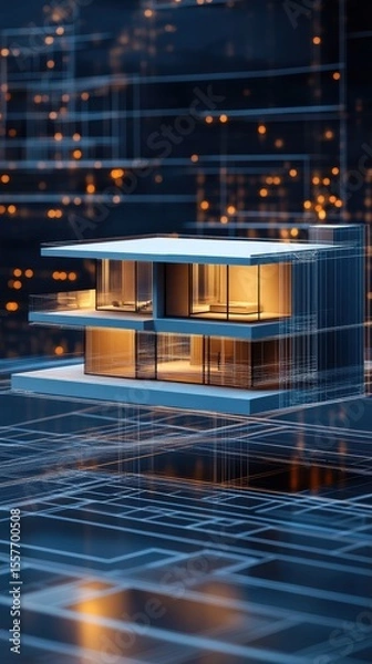 Fototapeta A modern house design with glass windows and a grid pattern background in a digital rendering style