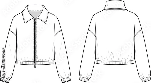 Fototapeta Women's zip-up bomber jacket flat sketch, long sleeve outerwear template, fashion cad drawing, ribbed hem jacket, vector illustration