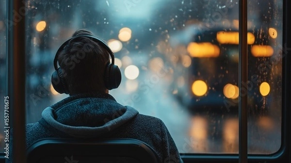 Fototapeta Close-up rear view of a human figure seated on a twilight bus with blurred motion outside the window, headphones on, symbolizing inner withdrawal, emotional escape, and psychological silence