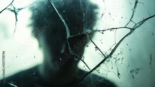Fototapeta Close-up of a blurred human figure partially visible in a cracked mirror, only face and shoulders reflected under low light, symbolizing fractured identity, self-perception, and inner emotional 
