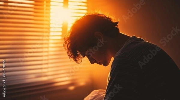 Fototapeta Close-up of a person sitting on the edge of a bed during golden hour, their back and lowered head lit by sunlight through blinds, symbolizing morning depression, fatigue, and emotional hesitation