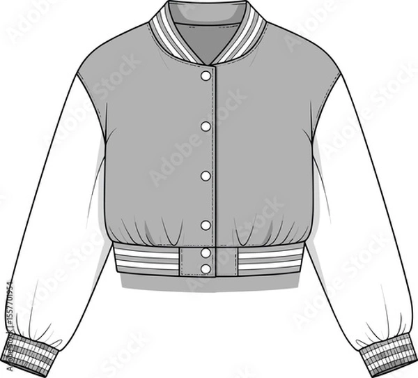 Fototapeta CAD drawing flat vector illustration of cropped varsity bomber jacket with striped ribbing, snap buttons, and color-block sleeves for fashion design