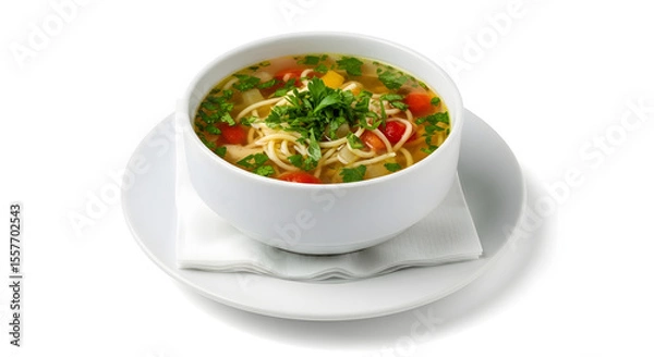 Fototapeta Hot Chicken Noodle Soup with Fresh Parsley Garnish Isolated on White Background