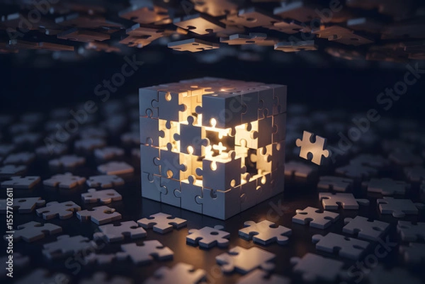 Obraz A floating cube made of puzzle pieces, with one piece missing and drifting away, revealing a luminous portal inside the structure
