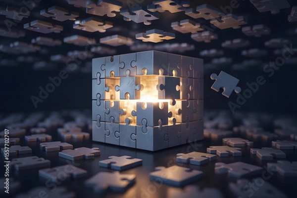 Obraz A floating cube made of puzzle pieces, with one piece missing and drifting away, revealing a luminous portal inside the structure