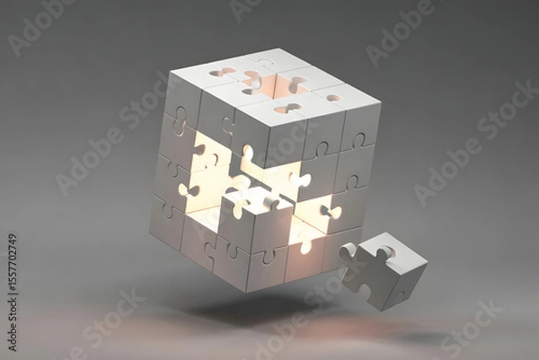 Obraz A floating cube made of puzzle pieces, with one piece missing and drifting away, revealing a luminous portal inside the structure