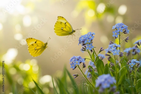 Obraz Delicate Yellow Butterflies Dance Among Delicate Forget-Me-Nots in a Springtime Meadow