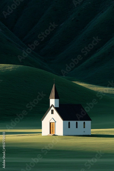 Fototapeta Solitary Chapel on Green Plain: A tranquil and serene church stands in a vast, open field, its simplicity highlighted by the contrasting landscape of rolling hills and the play of light and shadow.