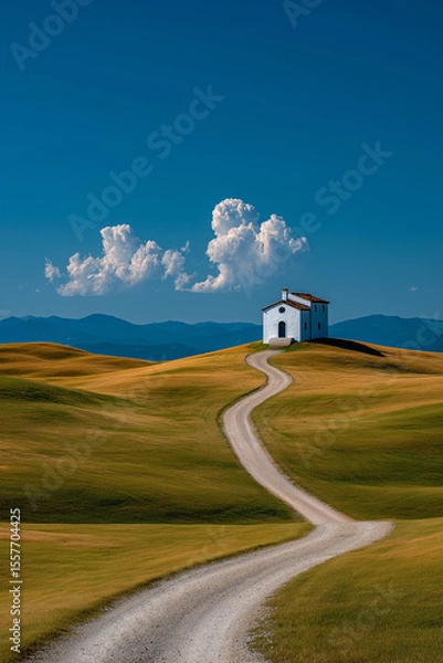 Fototapeta Serene Chapel on Rolling Hills: A winding path leads to a quaint chapel perched atop a verdant hill, bathed in the tranquil light of a clear, blue sky, evoking a sense of peace and serenity.