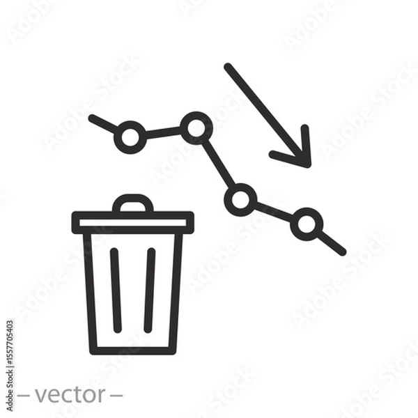 Obraz statistics reduce for thrown garbage, decrease waste icon, reducing discarded garbage, graph reduce waste icon, reduce thin line symbol on white background - editable stroke vector illustration eps10
