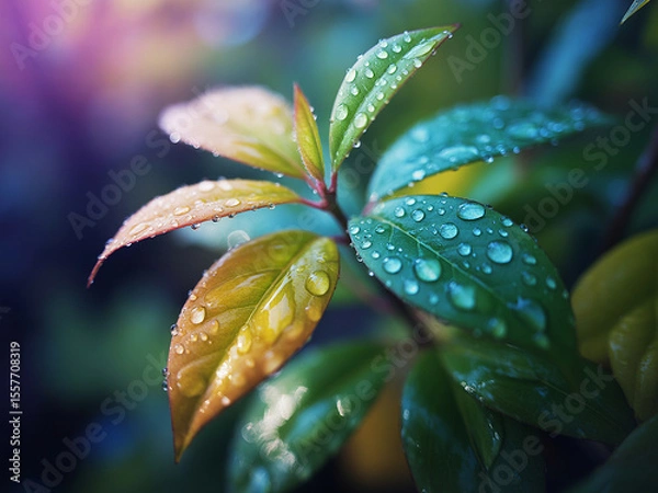 Obraz Close-up of vibrant leaves covered in dew drops on a plant in the garden