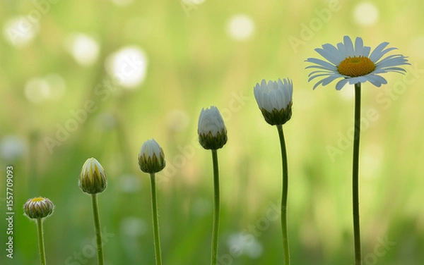 Obraz Chamomile flower stages of growth in a beautiful green field.
