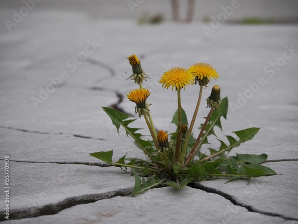 Obraz Resilient Yellow Dandelions Growing Through Cracks in Gray Concrete