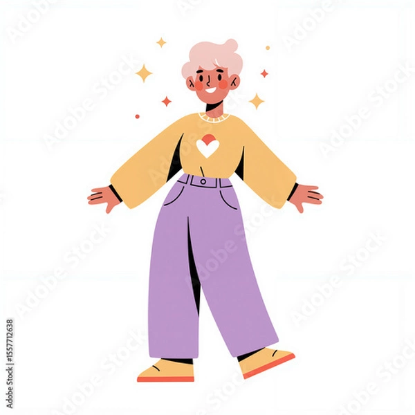 Fototapeta A non-binary person joyfully wears vibrant outfits, surrounded by sparkling stars in a minimalist style