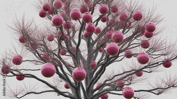 Obraz Abstract Tree with Hanging Magenta Globes Against a Pale Sky