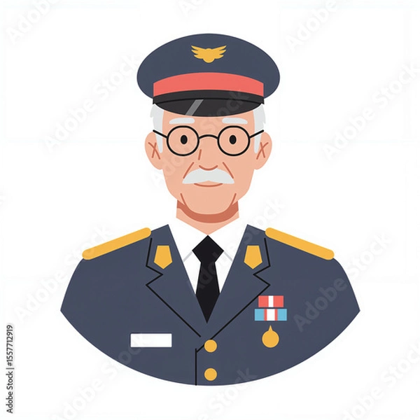 Fototapeta A senior soldier is depicted wearing a formal uniform and cap, showcasing medals and a distinguished appearance