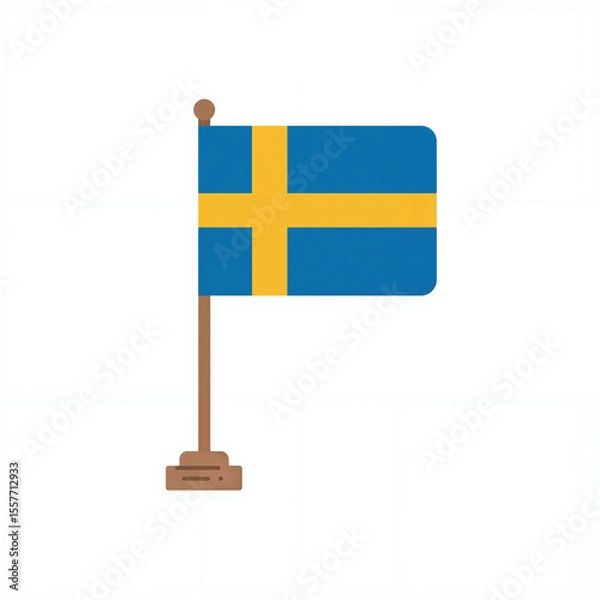 Fototapeta Small Swedish flag displayed on a wooden stick highlights Scandinavian culture in a minimalist design style