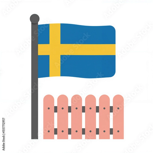 Fototapeta A flat vector of the Swedish flag by a wooden fence on a white background makes a striking visual
