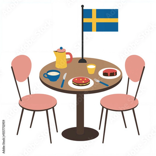 Fototapeta A simple table displays Swedish delicacies, drinks, and a flag, creating a festive dining atmosphere