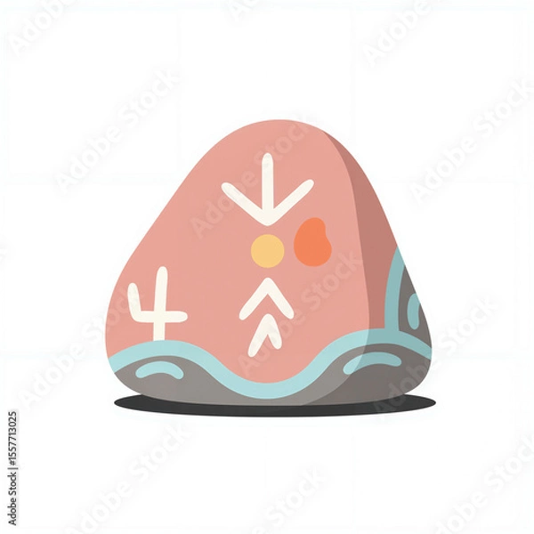 Fototapeta Minimalist representation of a painted rock featuring tribal symbols displayed on a white backdrop
