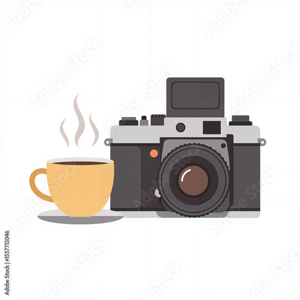 Fototapeta A vintage camera rests beside a steaming cup of coffee, showcasing a calm, cozy atmosphere in a flat design style
