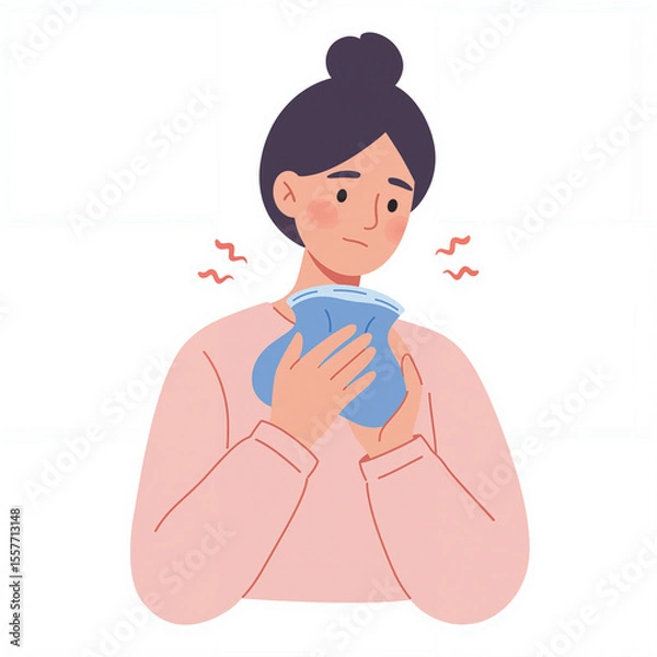 Fototapeta A woman holds a cold compress to her face, showing discomfort while seeking relief in a calm setting