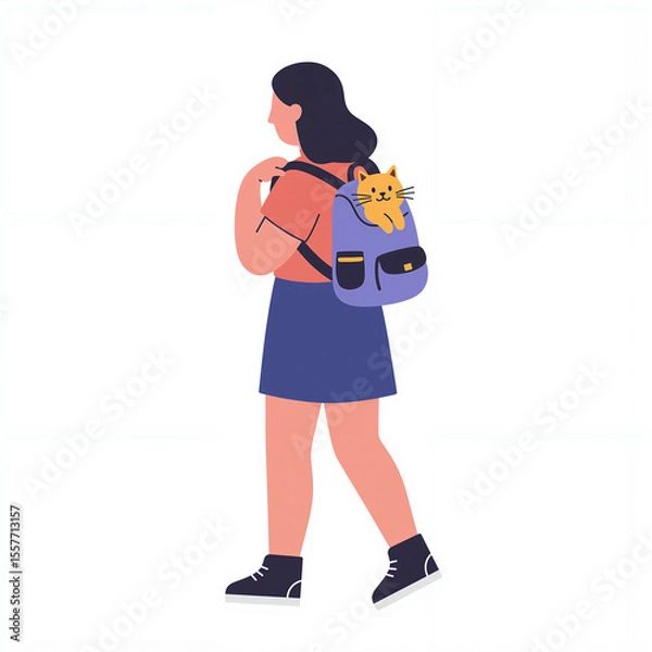 Fototapeta Woman carries a playful cat in her backpack, enjoying a leisurely outing in a simple, modern design