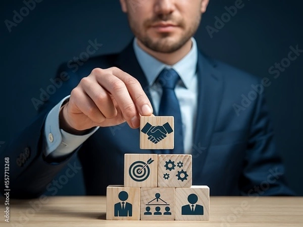 Fototapeta Businessman places a handshake icon cube on a pyramid of blocks representing business strategy goals teamwork and success